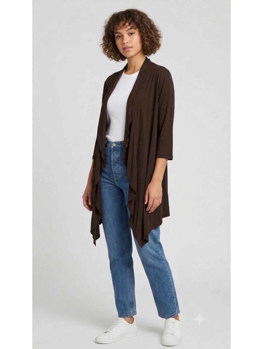 Covington Woman's Dark Brown Waterfall Open Cardigan with Lettuce Trim